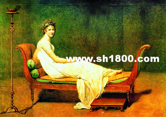法国大卫作于1800年的油画《雷卡米埃夫人》中，床边明式风格的踏脚凳